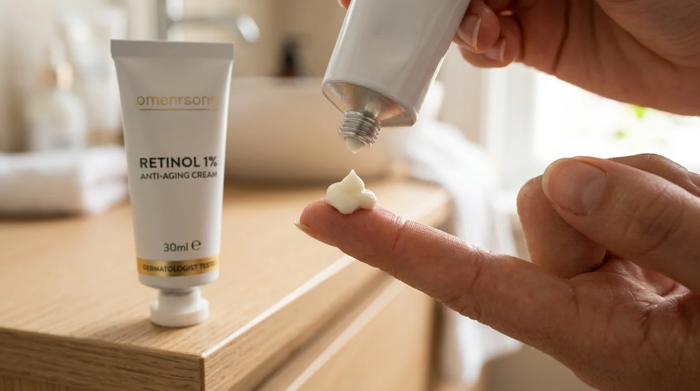 Pea-sized amount of retinol cream dispensed onto a fingertip for nighttime skincare