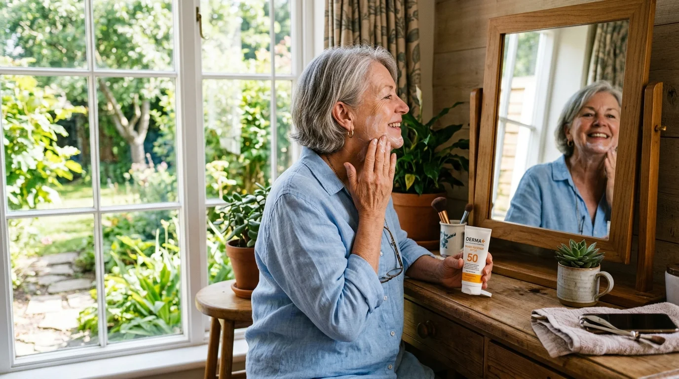 Older woman applying broad-spectrum sunscreen to her face and neck
