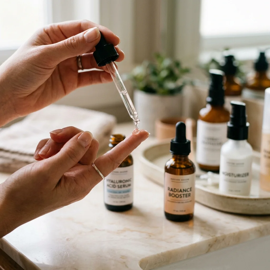 Hand applying a few drops of treatment serum to a fingertip for oily skin care