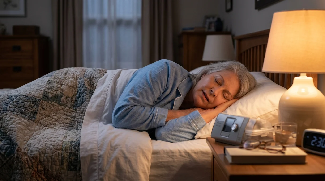 Older adult sleeping comfortably on their side to keep airways open and reduce sleep apnea