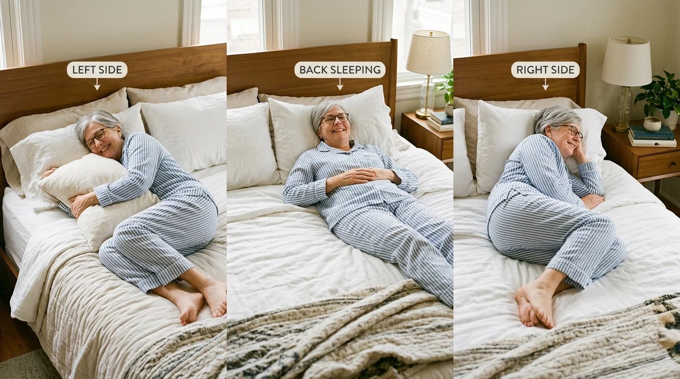 Older adult comfortably positioned in bed comparing left, right, and back sleep positions