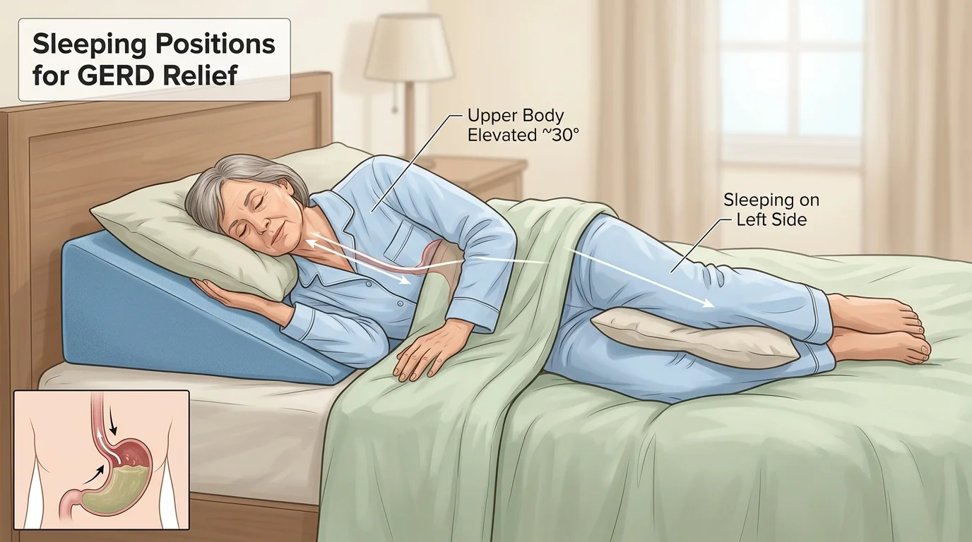 Older adult lying on their left side with an elevated upper body to reduce acid reflux
