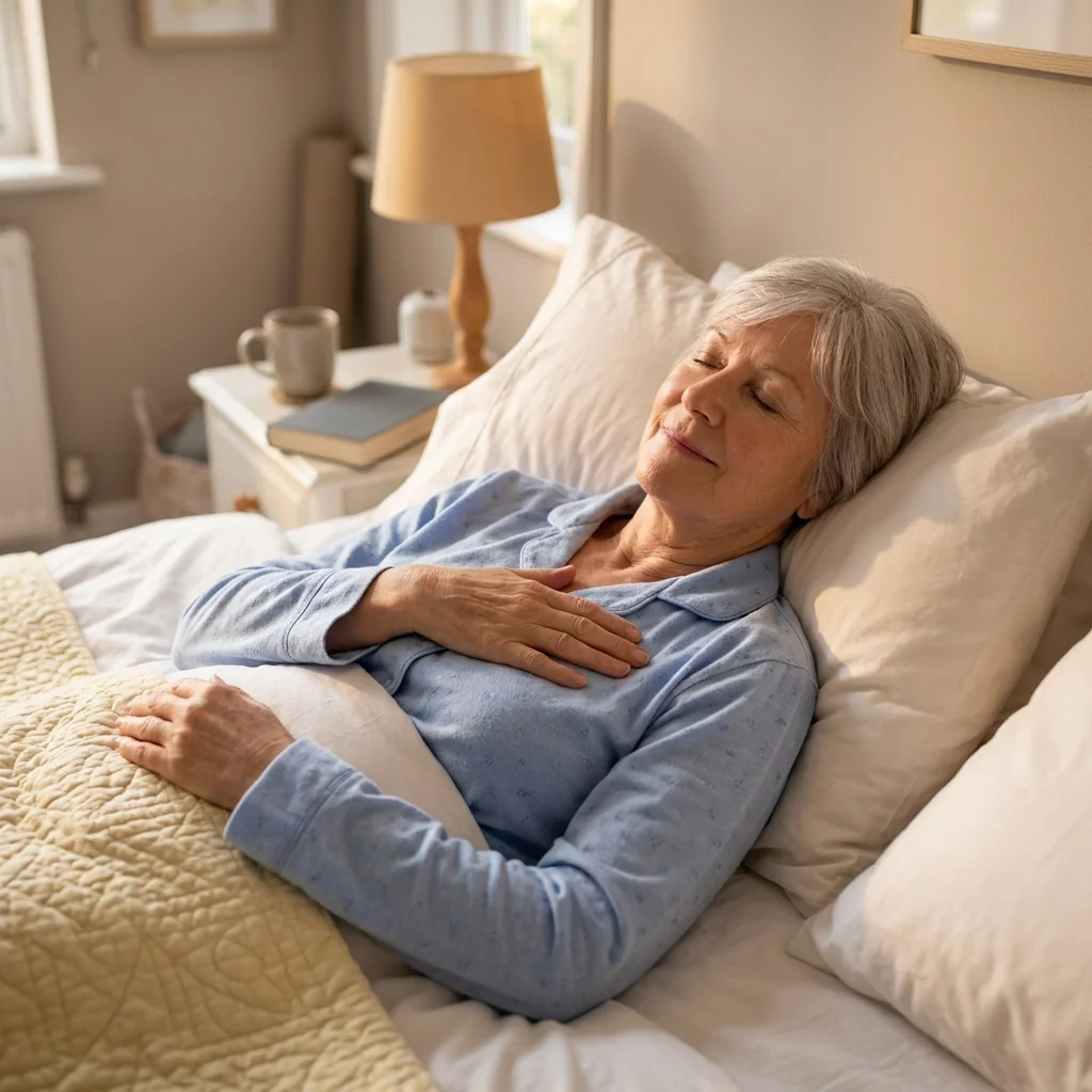 Older adult resting a hand on their chest while lying in bed for heart health awareness