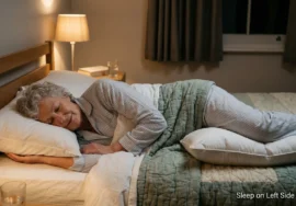 Older adult sleeping peacefully on their left side with a pillow between the knees