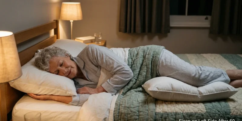 Older adult sleeping peacefully on their left side with a pillow between the knees
