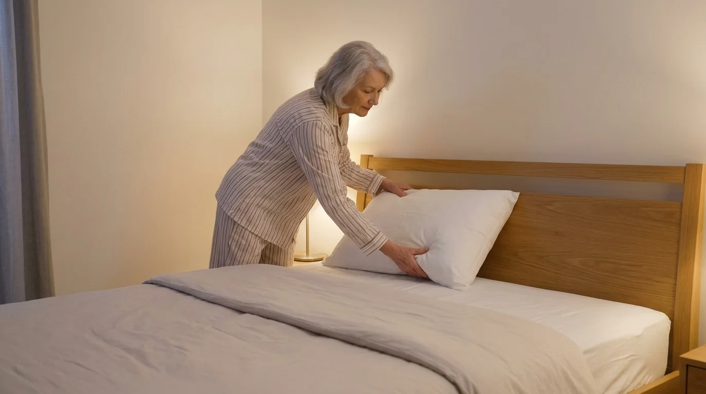 Older adult arranging pillows on their bed for comfortable left-side sleeping