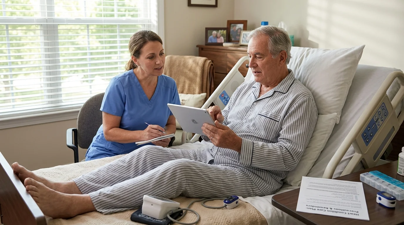 Older adult discussing sleep positioning precautions with a caregiver or doctor