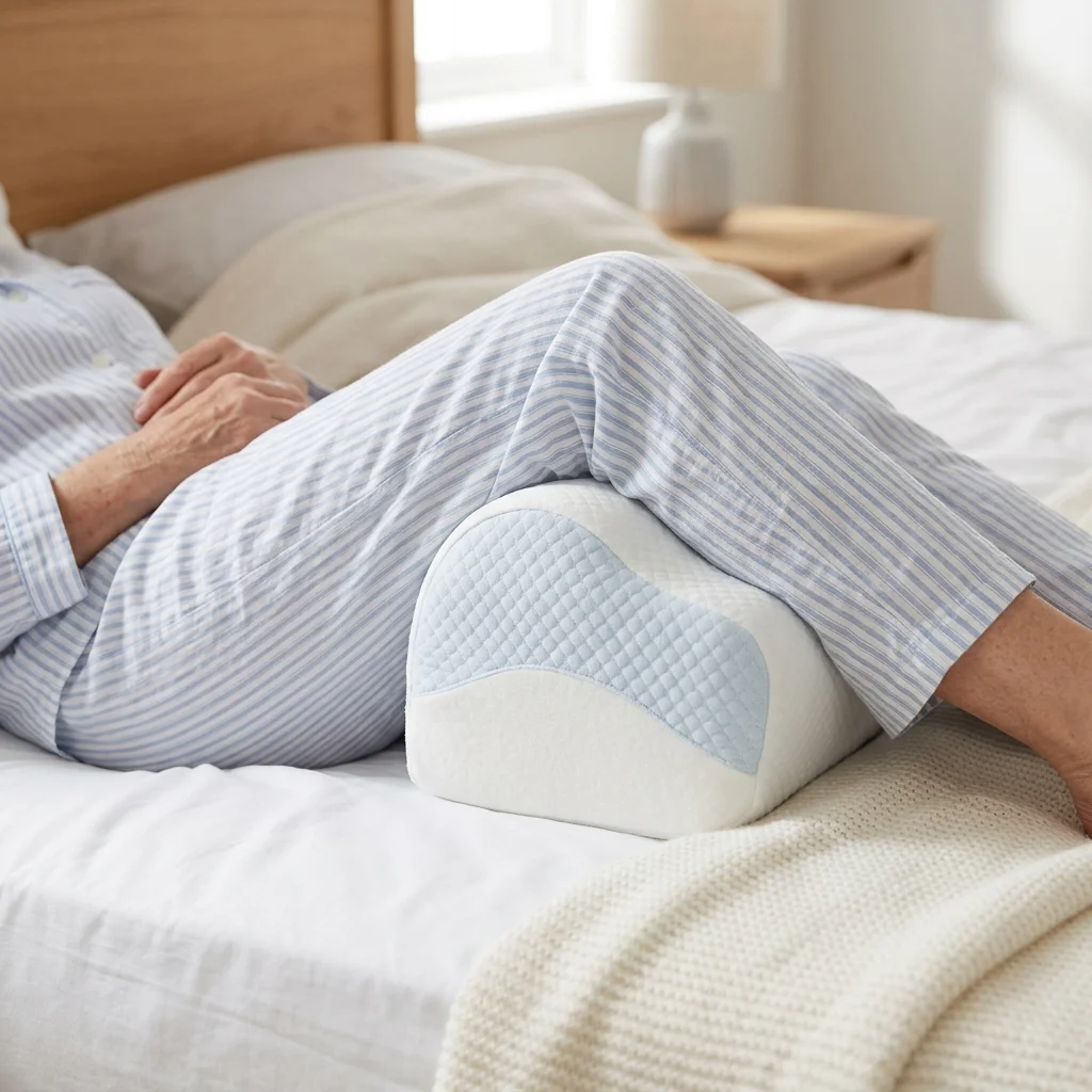 Close-up of an older adult using a firm pillow between the knees for spine alignment