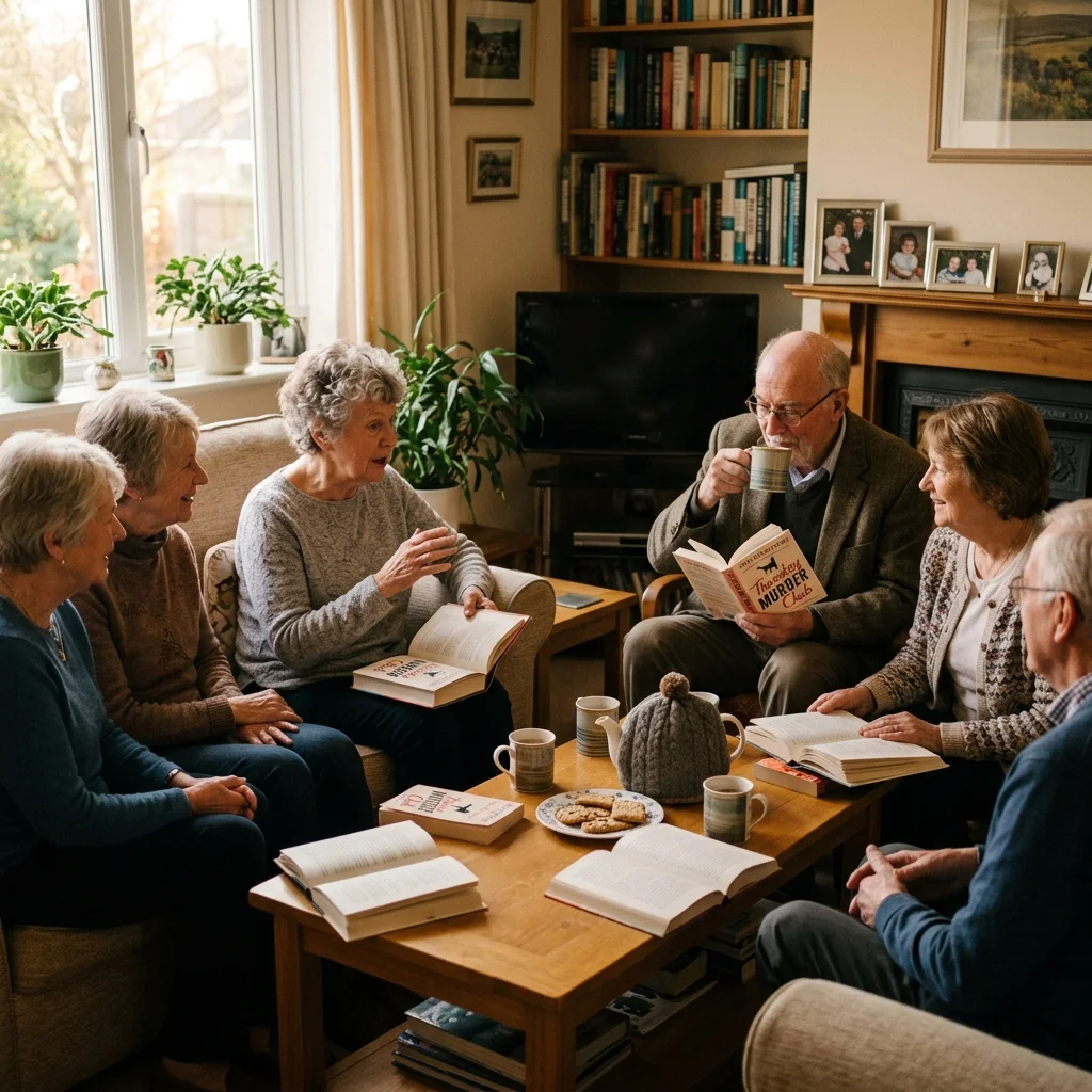 Small group of older adults in a book club discussing healthy aging