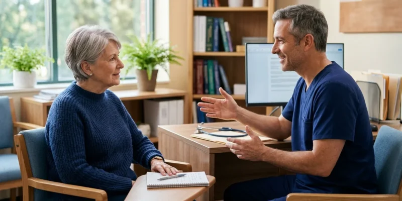 Older adult discussing GLP-1 treatment questions with a doctor