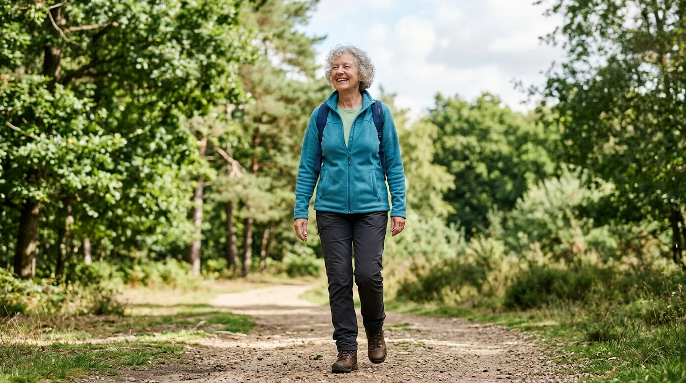 Older adult walking smiling on an outdoor trail representing a smoke-free active lifestyle after 60