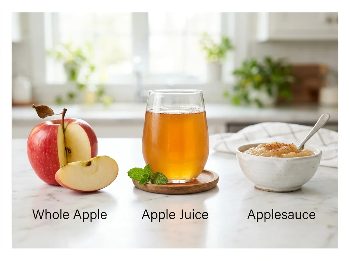 Side-by-side comparison of a whole apple, a glass of apple juice, and a bowl of applesauce on a kitchen counter showing the healthiest whole-fruit choice