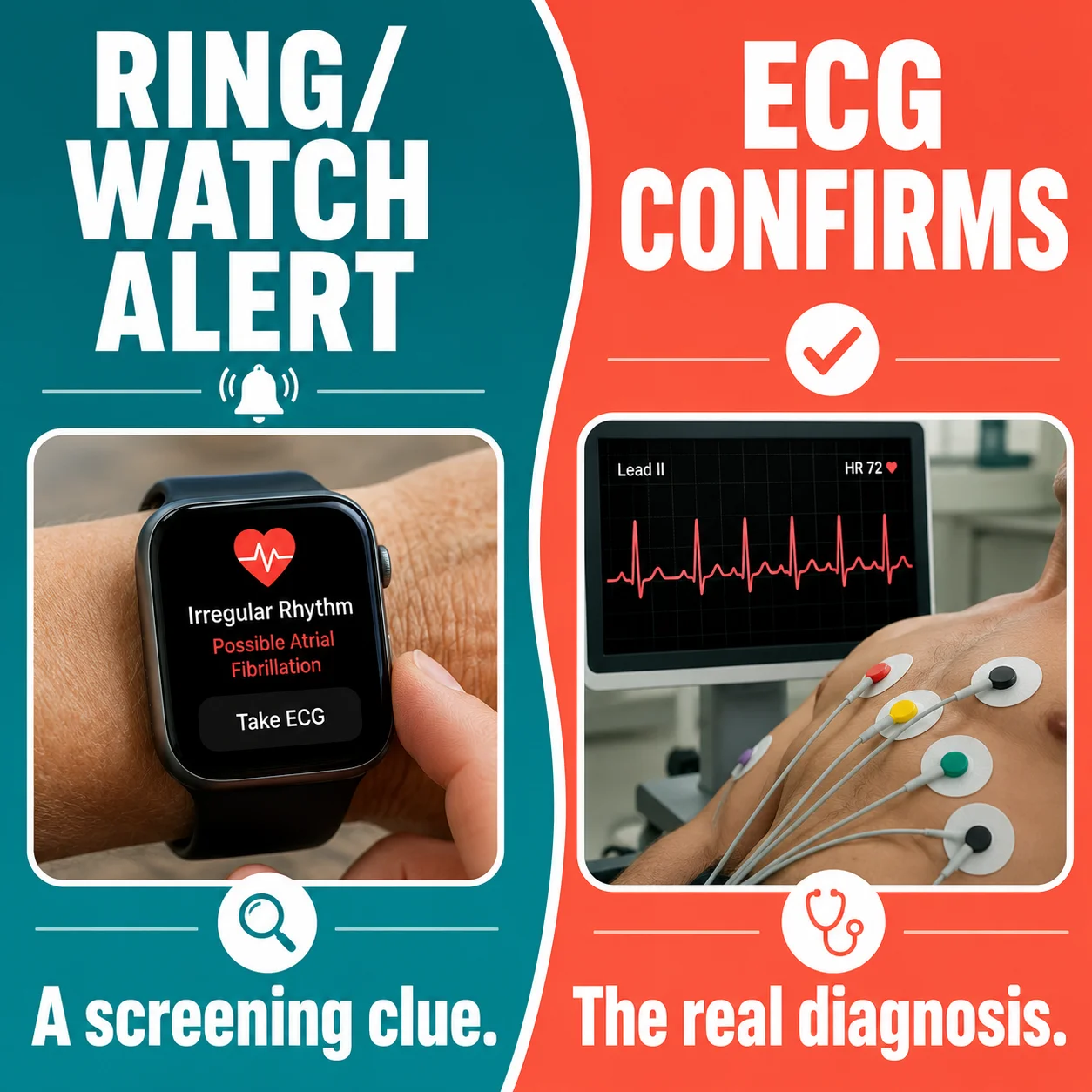 A ring or watch alert is a screening clue while an ECG confirms atrial fibrillation