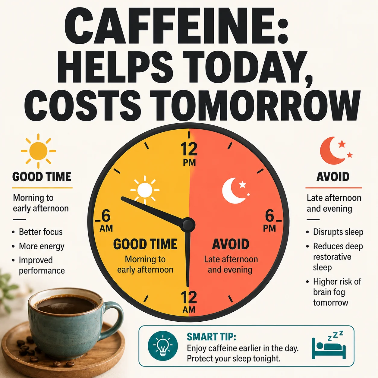 Caffeine helps today but costs tomorrow if taken too late in the day