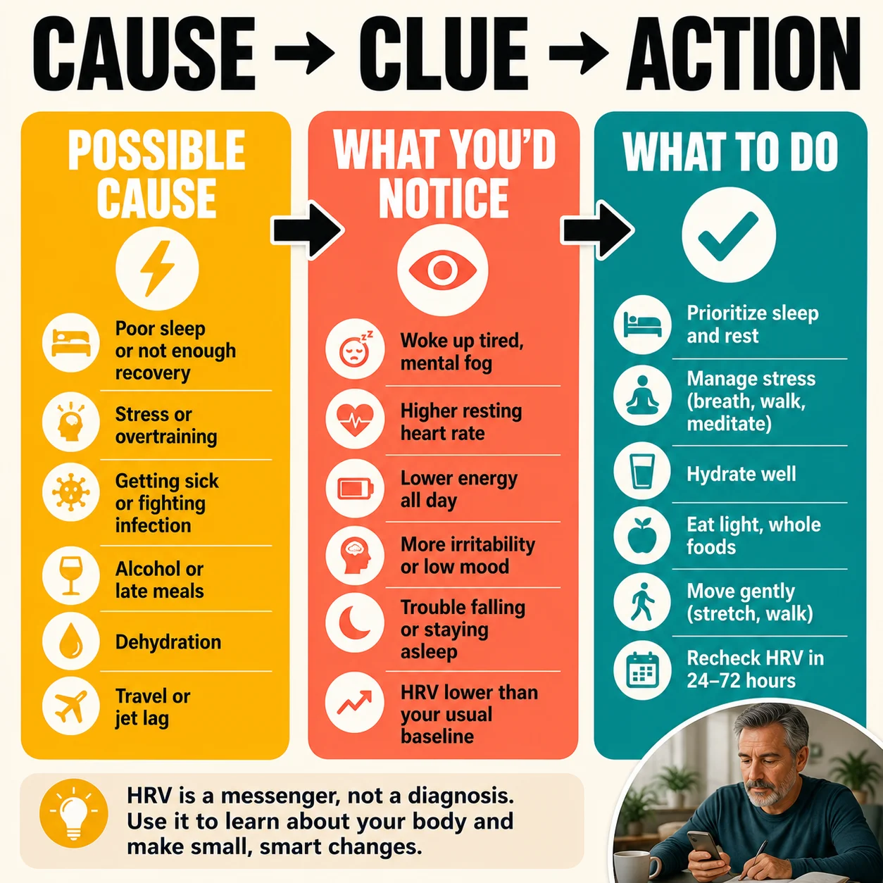 Low HRV cause, clue, and first action framework