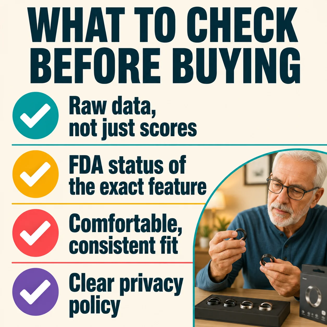 Checklist of what to check before buying a smart ring for an adult over 60