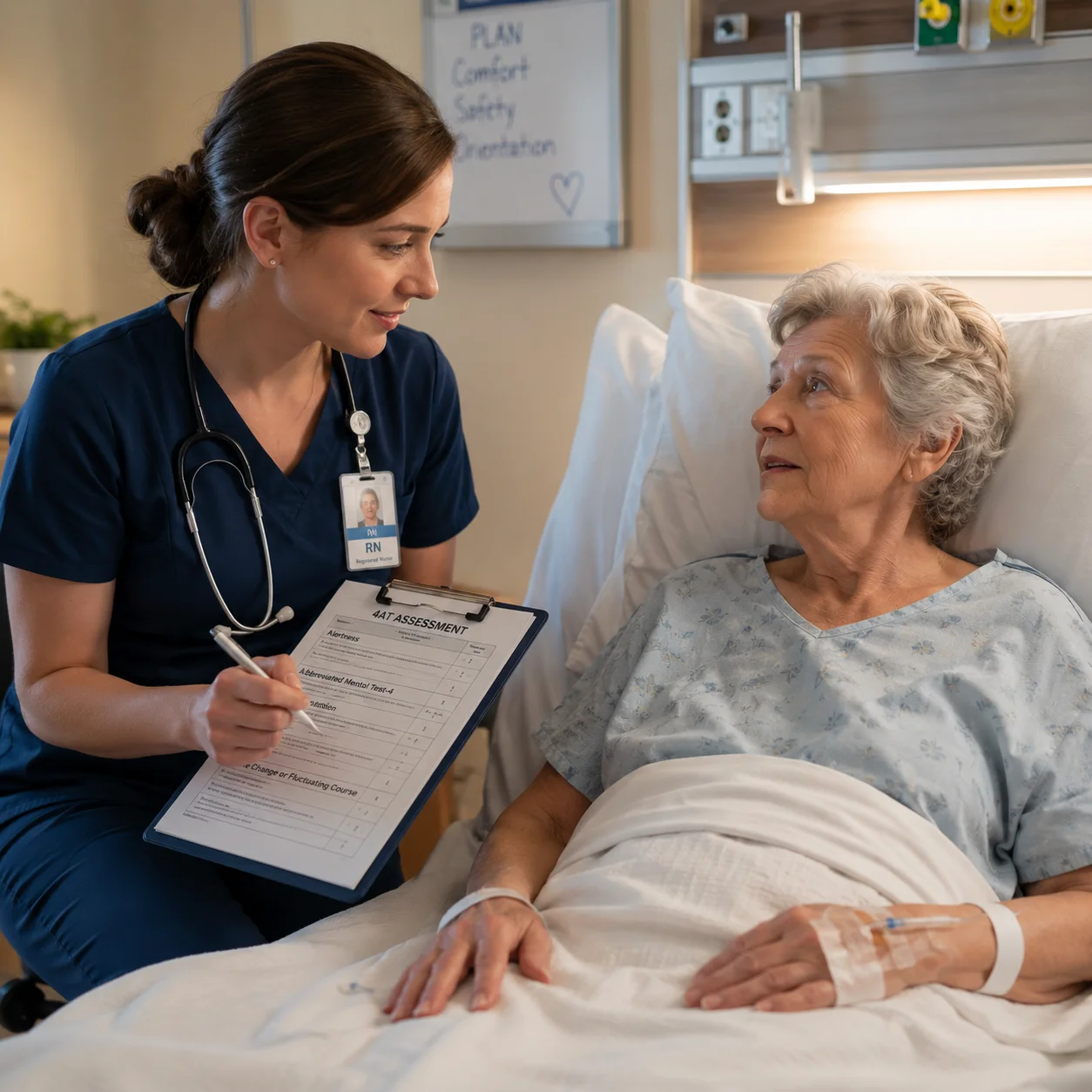 Nurse checking in with an elderly patient at bedside using a delirium screening assessment