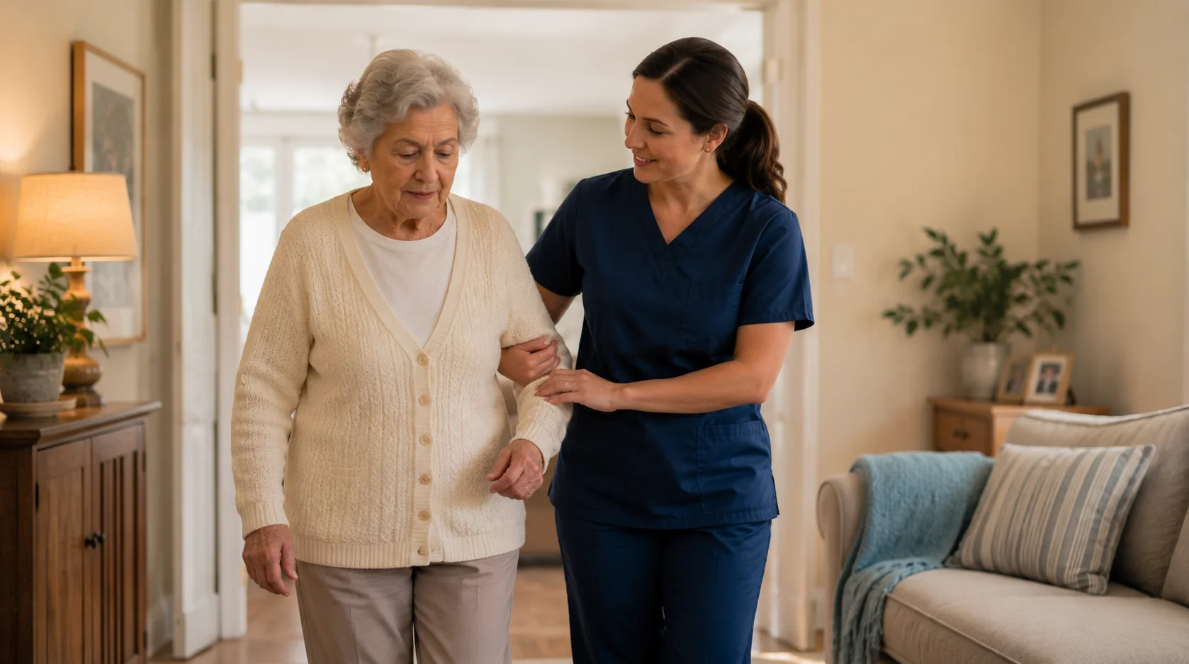Caregiver walking slowly alongside an elderly parent indoors for gentle mobility support