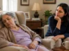 Elderly parent dozing in an armchair during the day while an adult child looks on with concern