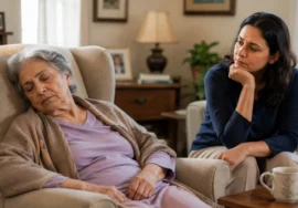 Elderly parent dozing in an armchair during the day while an adult child looks on with concern