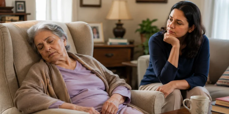 Elderly parent dozing in an armchair during the day while an adult child looks on with concern