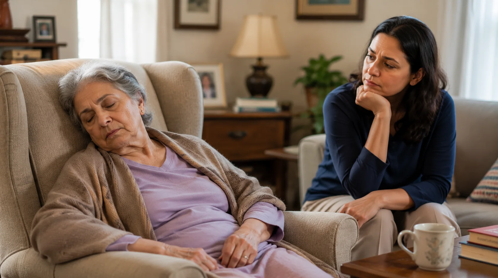 Elderly parent sleepy and confused, dozing in an armchair while an adult child looks on with concern