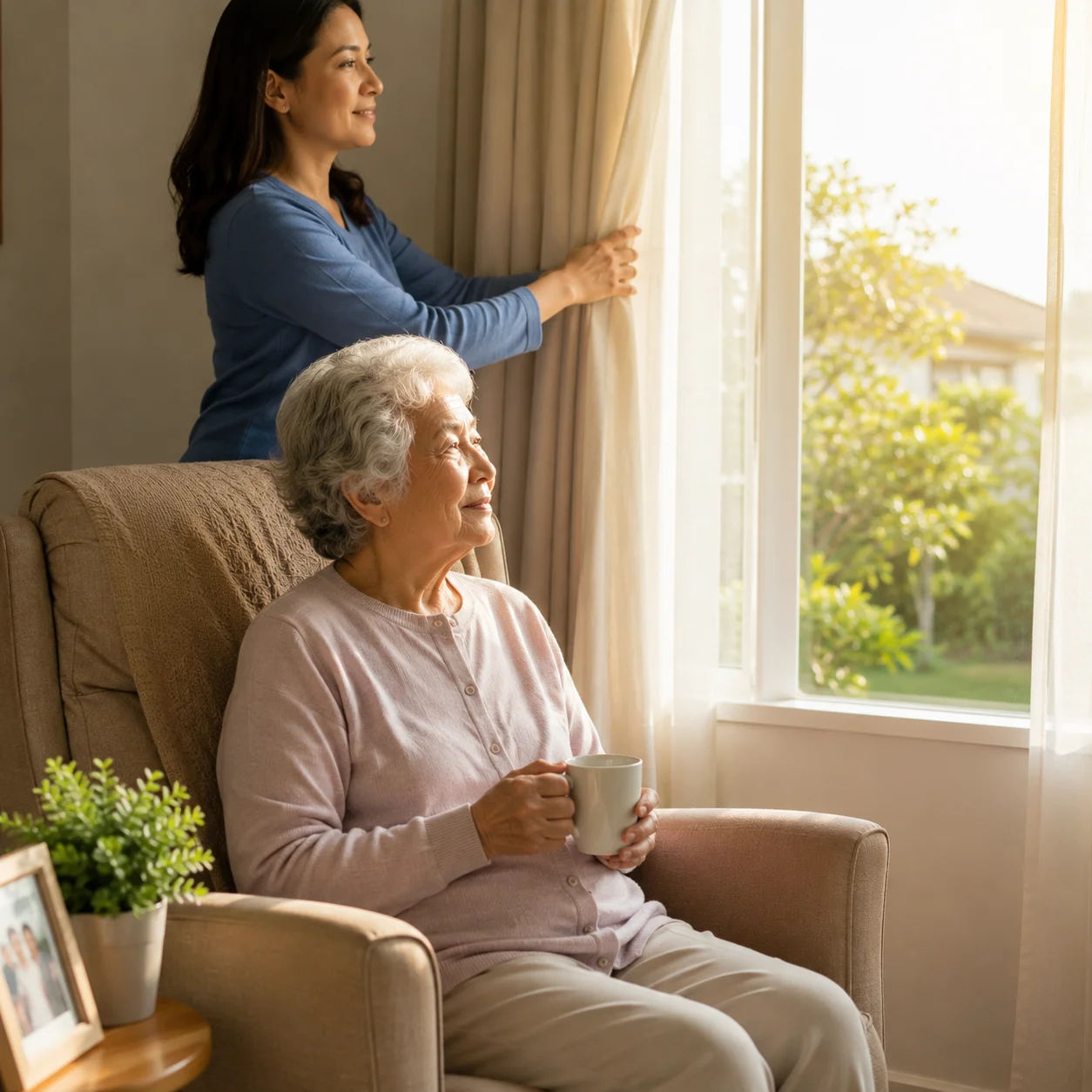 Elderly parent sitting by a sunlit window in the morning with a cup of tea