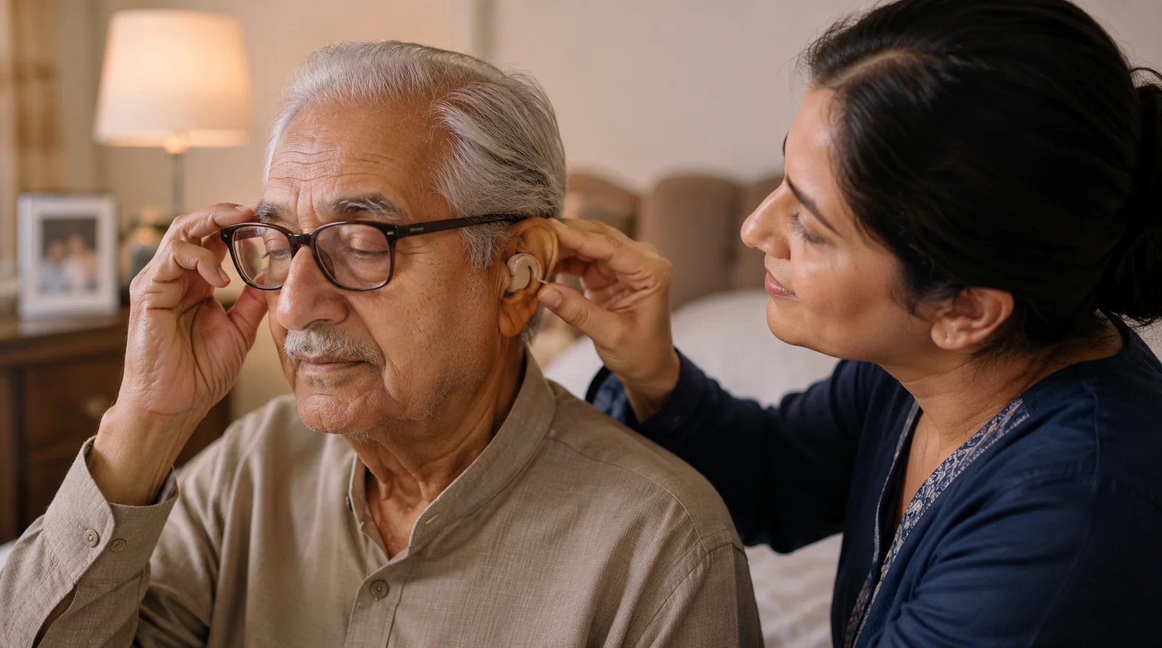 Caregiver helping an elderly parent put on glasses and hearing aids in the morning