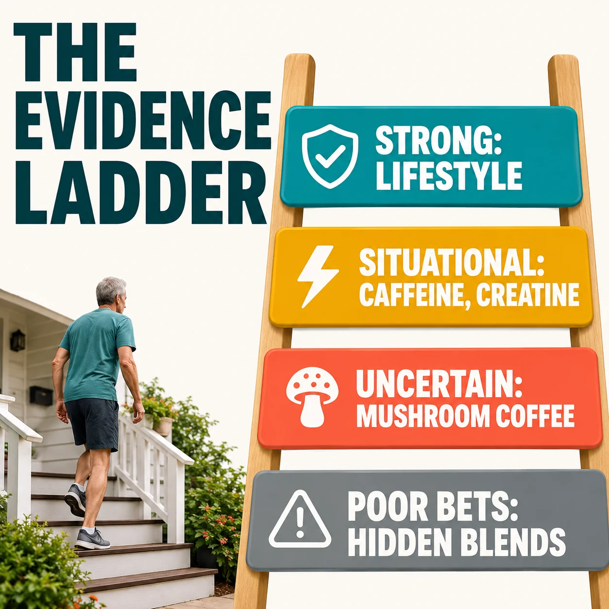 Evidence ladder from strong lifestyle support to poor bets like hidden blends
