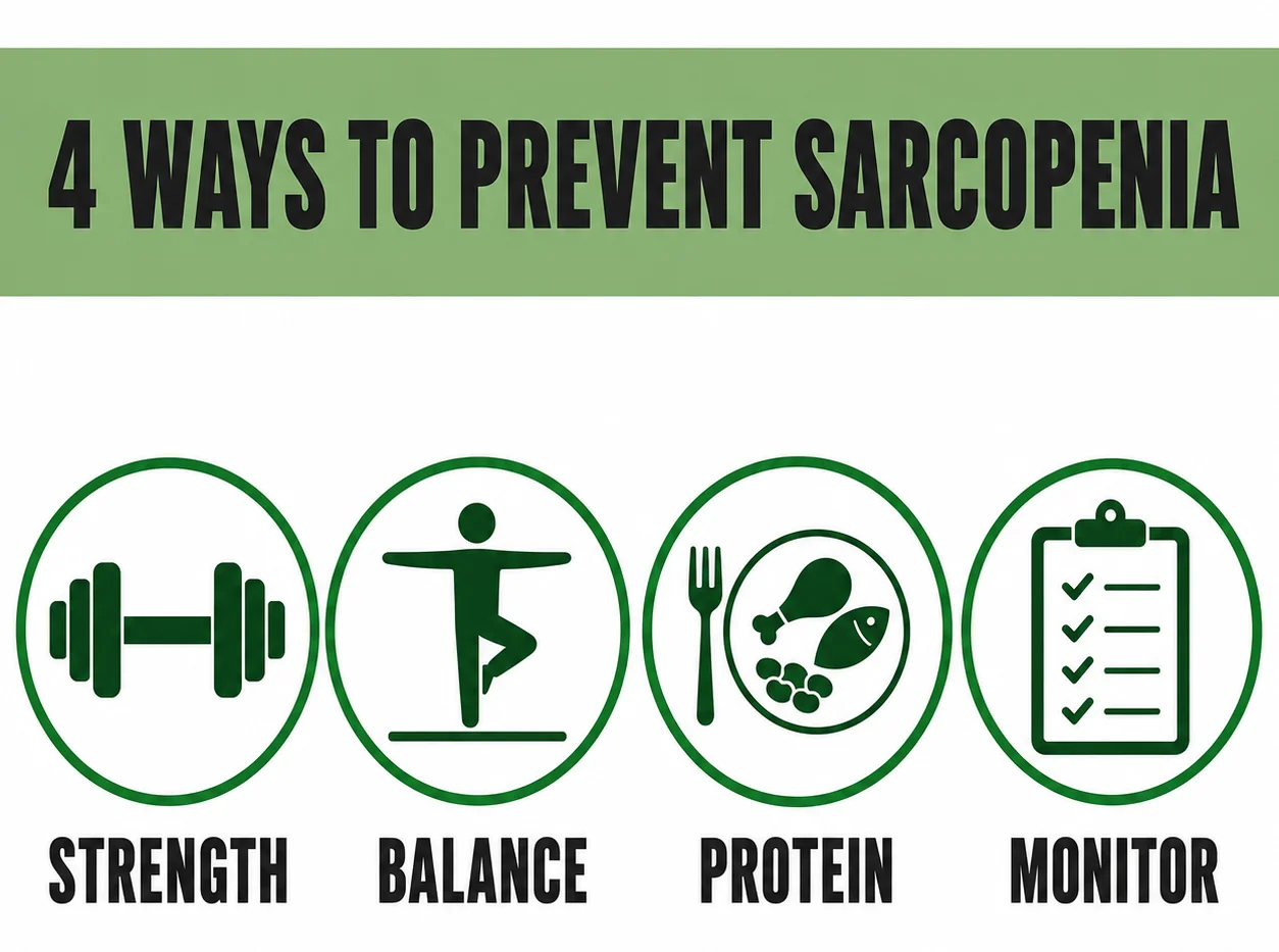 Four pillars to prevent sarcopenia: strength, balance, protein, and monitoring