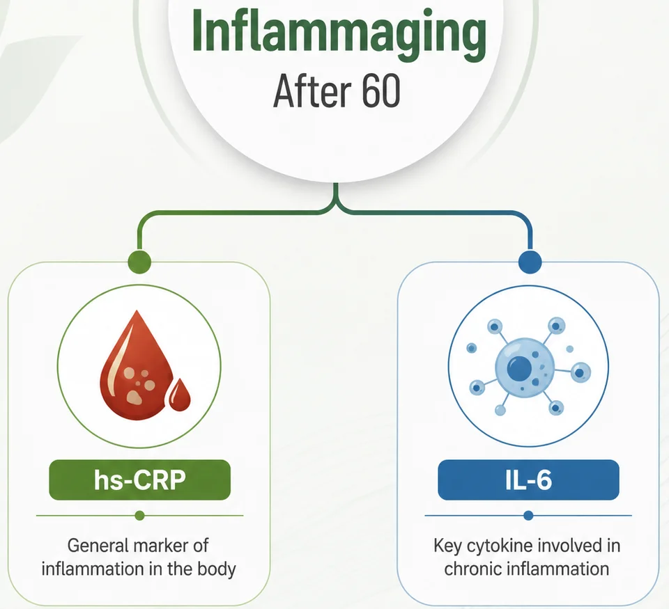 Infographic summarizing hs-CRP and IL-6 as key markers of inflammaging after 60