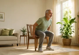 Older adult doing a sit-to-stand exercise to help prevent sarcopenia