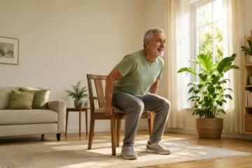 Older adult doing a sit-to-stand exercise to help prevent sarcopenia