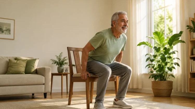 Older adult doing a sit-to-stand exercise to help prevent sarcopenia