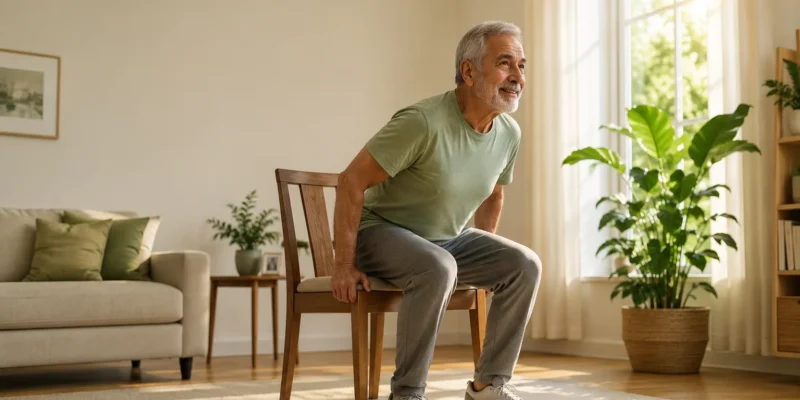 Older adult doing a sit-to-stand exercise to help prevent sarcopenia