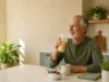Older adult drinking a clear protein drink with coffee and Greek yogurt at breakfast