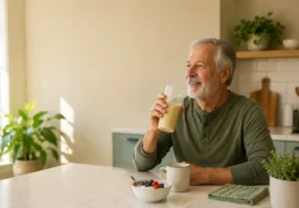 Older adult drinking a clear protein drink with coffee and Greek yogurt at breakfast