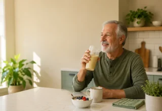 Older adult drinking a clear protein drink with coffee and Greek yogurt at breakfast
