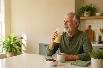 Older adult drinking a clear protein drink with coffee and Greek yogurt at breakfast