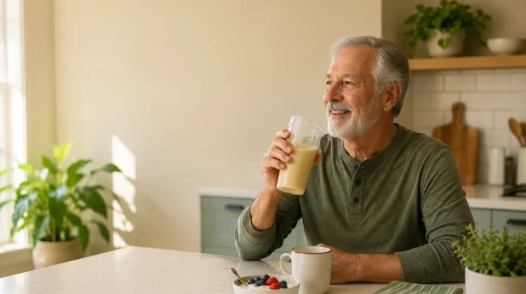 Older adult drinking a clear protein drink with coffee and Greek yogurt at breakfast