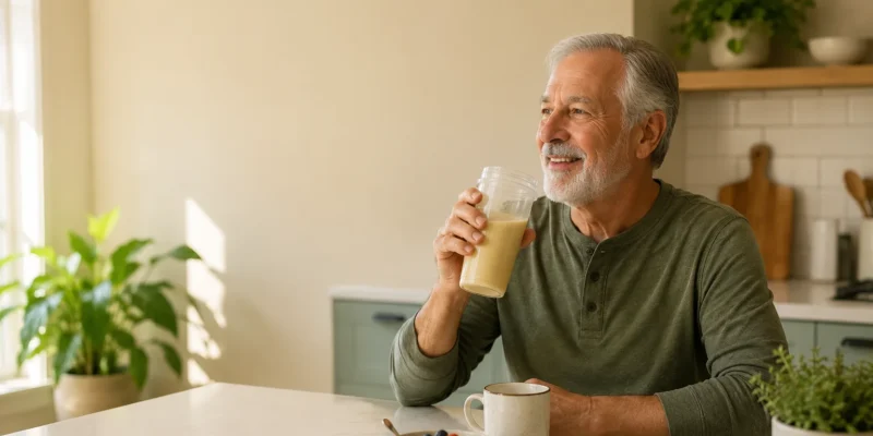 Older adult drinking a clear protein drink with coffee and Greek yogurt at breakfast