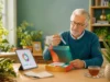 Older adult examining a DNA test kit at home with results on a tablet