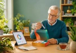 Older adult examining a DNA test kit at home with results on a tablet