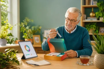 Older adult examining a DNA test kit at home with results on a tablet