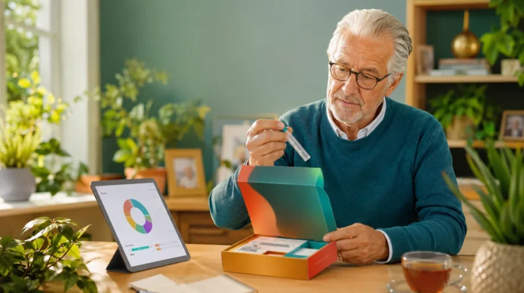 Older adult examining a DNA test kit at home with results on a tablet