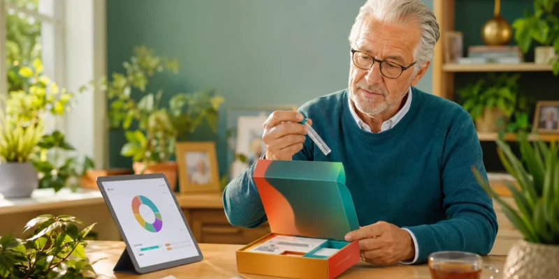 Older adult examining a DNA test kit at home with results on a tablet