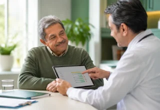 Doctor reviewing hs-CRP and IL-6 lab results with an older adult patient