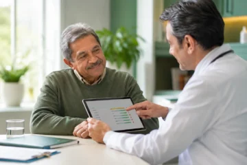 Doctor reviewing hs-CRP and IL-6 lab results with an older adult patient