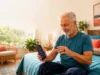 Older adult checking smart ring and heart rate data on a phone in bed