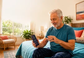 Older adult checking smart ring and heart rate data on a phone in bed